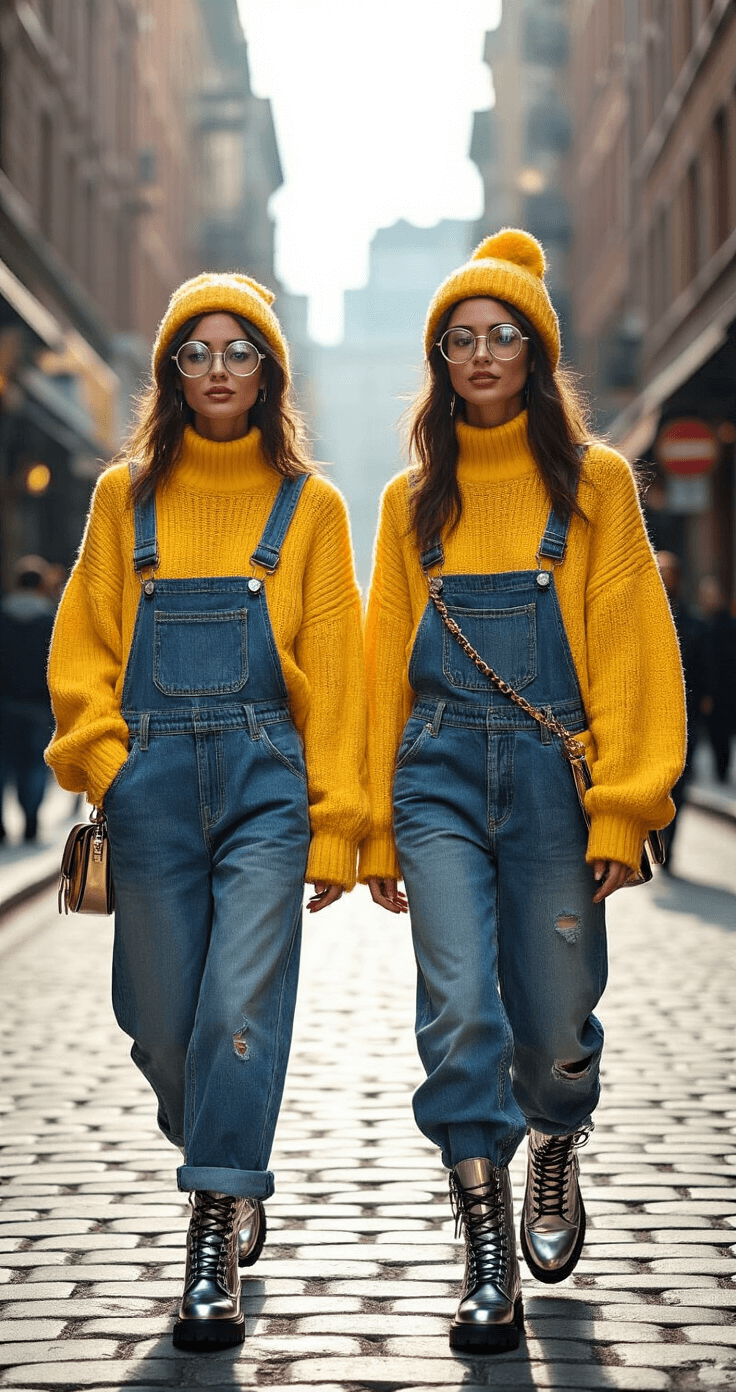 Trio Halloween Costumes: Ultimate Guide to Coordinating Your Squad's Look Models dressed in oversized yellow knit sweaters and distressed denim overalls walk candidly down a cobblestone city street in early morning light, casting long shadows. They wear round wire-frame glasses and stylish metallic silver combat boots, accessorized with mini crossbody bags, all captured with a wide-angle lens to emphasize the urban environment.