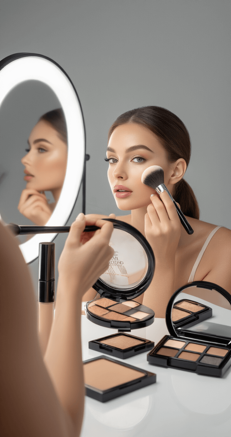 Level Up Your Cosplay Game: A Complete Guide to Dressing to Impress Close-up of a model applying high-coverage foundation with premium brushes in a professional studio, featuring soft lighting, multiple mirrors, and a character reference sheet in the background, captured with macro detail.