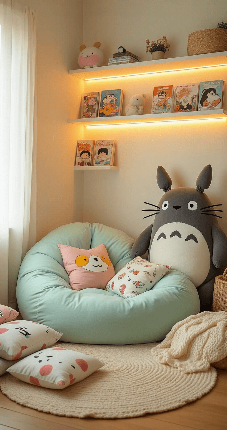 Kawaii Room Decor: Create Your Pastel Paradise of Cuteness and Comfort Cozy reading corner bathed in golden hour light featuring an oversized pastel mint bean bag, kawaii-printed floor cushions, a giant 5ft Totoro plush, and macaron-colored woven throw blankets. White floating shelves showcase a manga collection with LED accent lighting, all captured from a low angle to highlight the inviting, comfortable atmosphere.