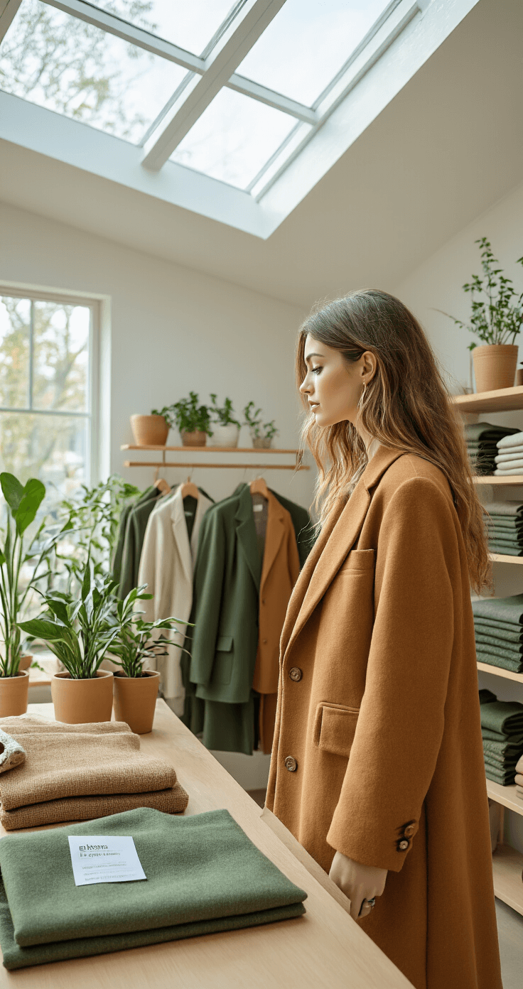 Bright and airy sustainable fashion boutique featuring a model browsing recycled wool blazers in forest green and caramel tones, illuminated by natural light from a skylight. The minimal interior showcases blonde wood fixtures and potted plants, with close-up details of eco-friendly fabric labels and textures. A wide-angle shot captures the store's atmosphere, focusing selectively on the model.