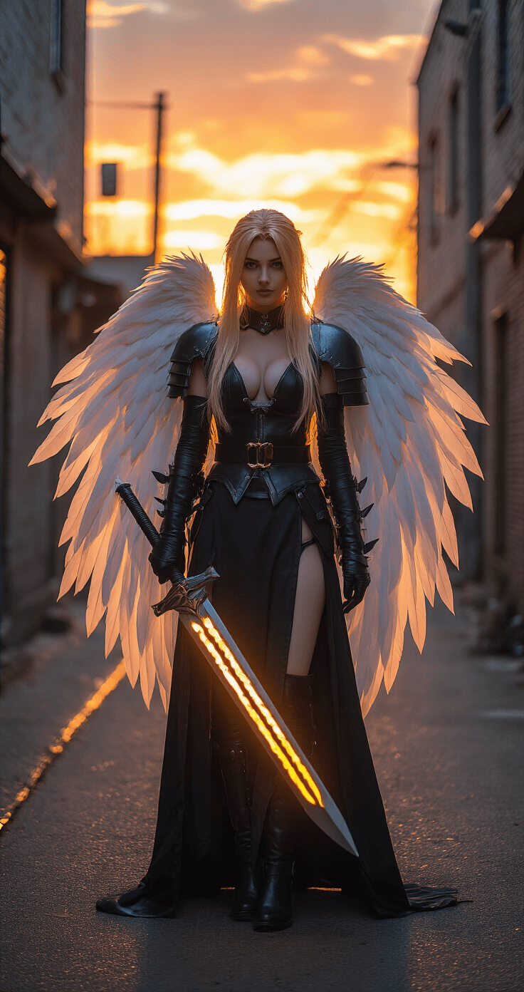 A female cosplayer dressed as Sephiroth stands in an urban alley at golden hour, showcasing a detailed wing prop with feathers glimmering in the sunset light. She wields a glowing LED Masamune sword, adding to the dramatic atmosphere of the scene captured in a wide angle shot.