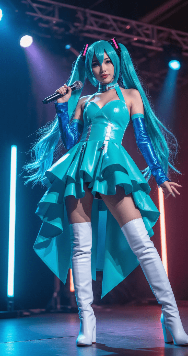 A confident female model poses in a vibrant convention hall, showcasing a Hatsune Miku-inspired fashion ensemble with a teal dress, thigh-high white leather boots, and metallic blue arm warmers. Her dynamic twin tails and fierce expression are highlighted against dramatic spotlights and colorful LED strips, capturing the energetic atmosphere of the event.