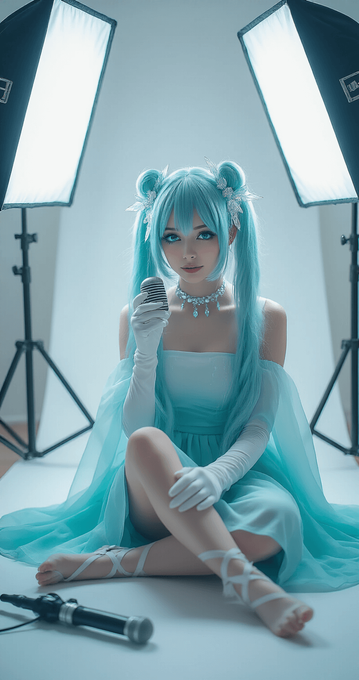 A female model in a minimalist white photography studio sits cross-legged on a white backdrop, surrounded by Miku cosplay pieces, including a gradient teal dress and white fingerless gloves. She examines a prop microphone, showcasing ethereal blue-tinted makeup and a twin-tail wig with iridescent blue highlights, all under soft, diffused lighting.