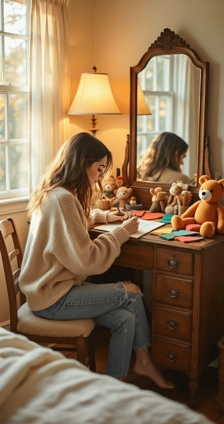 A woman in an oatmeal cashmere sweater and distressed jeans sits at a vintage wooden vanity during golden hour, sketching Beanie Baby-inspired accessories with colorful felt squares and craft supplies around her, illuminated by soft lamp light.