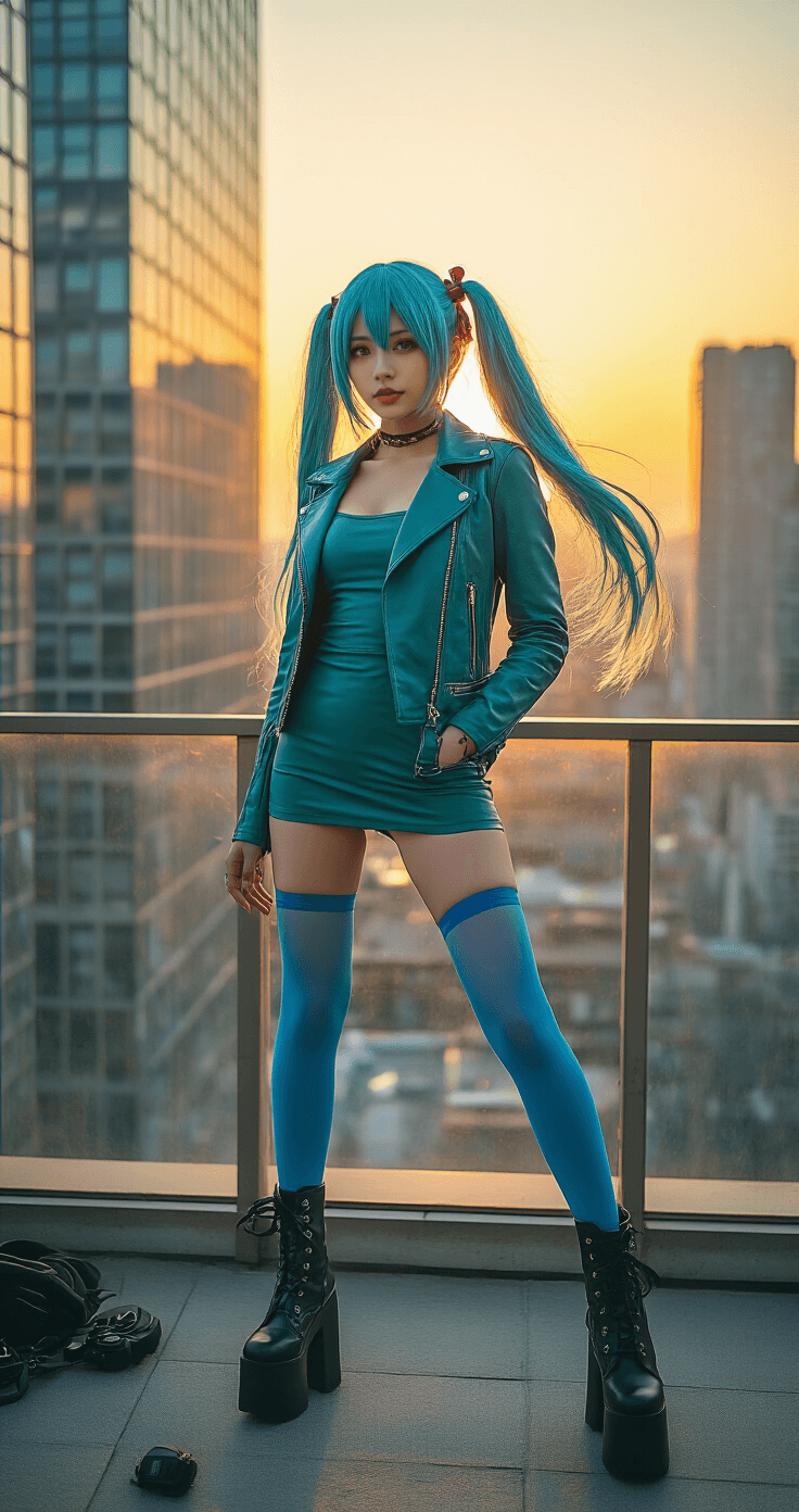 A confident model in a teal leather jacket and fitted dress poses on a chic urban rooftop at golden hour, with a cityscape behind her, showcasing gradient blue thigh-high stockings and platform boots. Her twin-tailed wig catches the warm sunset light, complemented by scattered cosplay accessories in the scene.
