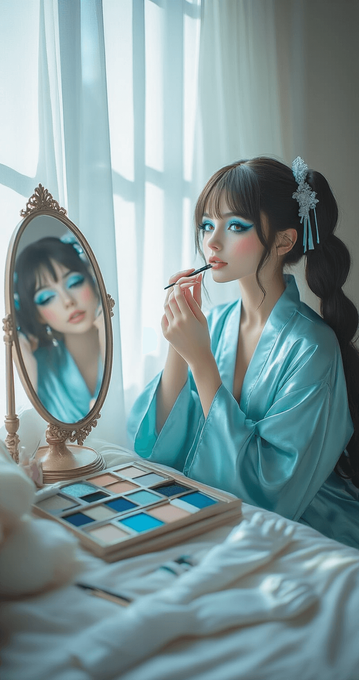 A cozy bedroom with natural light, featuring a model at a vanity applying blue eyeshadow and pastel makeup, dressed in a silk teal robe. The vanity displays Miku cosplay makeup essentials, while a partially styled wig and costume pieces are on the bed. The scene highlights soft textures and detailed makeup application.
