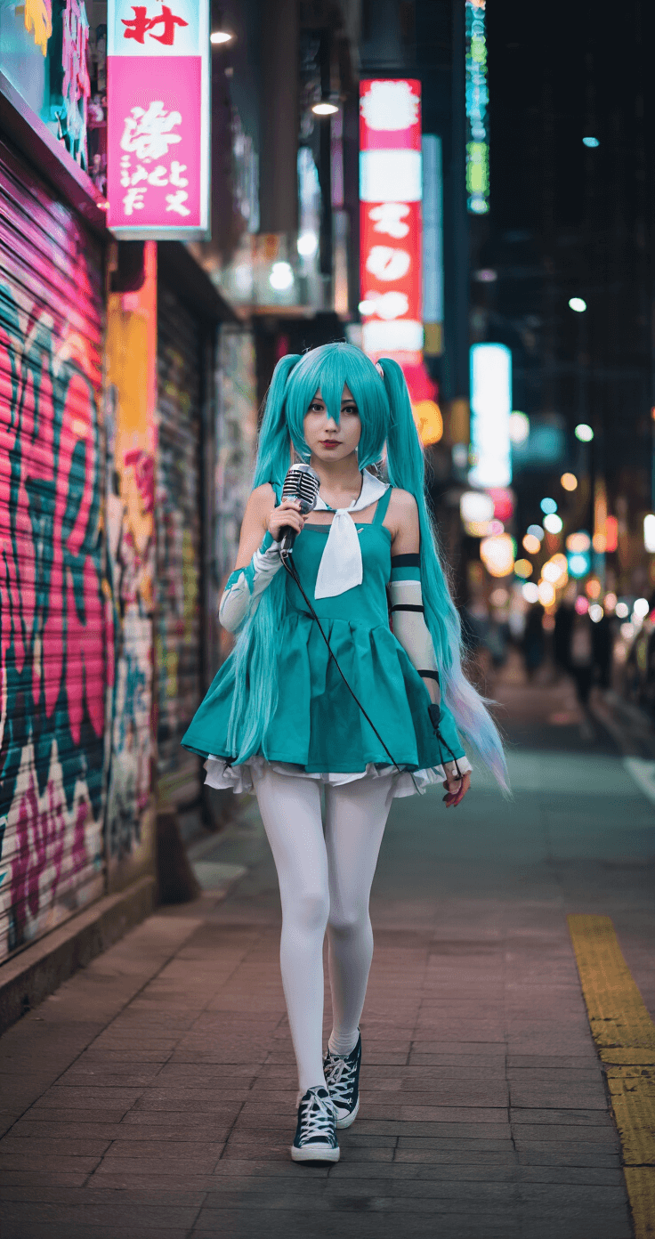 A model in a DIY teal Miku cosplay confidently walks down a trendy urban street corner with vibrant graffiti and neon lights, carrying a handmade microphone, while showcasing affordable fashion alternatives like repurposed arm warmers and thrift store accessories.