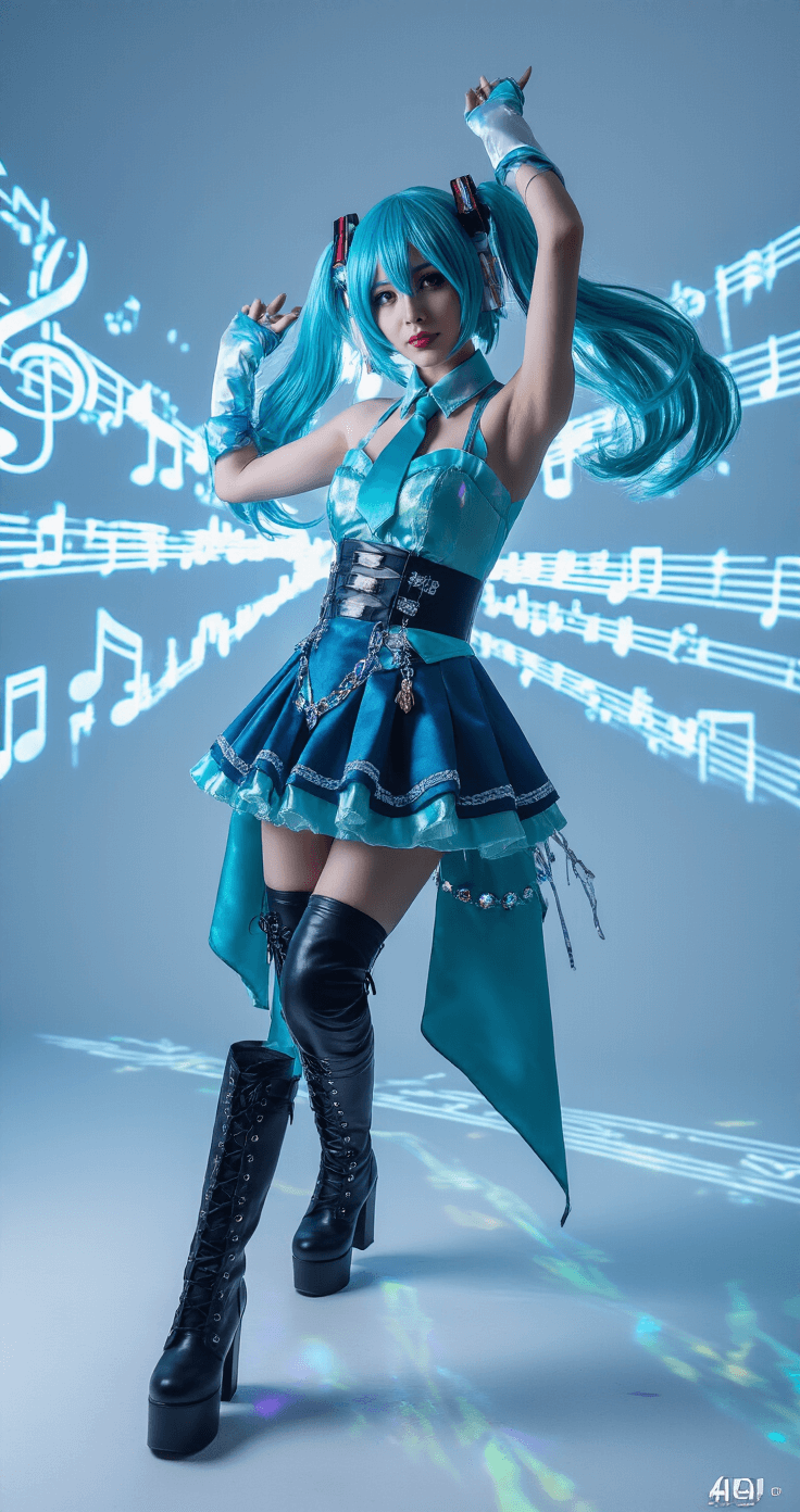 A dynamic model poses with arms raised in a high-end custom Miku costume, featuring a silk-lined teal dress and crystal-embedded accessories, amid vibrant blue and white lighting patterns in a professional photography studio. The backdrop displays digital projections of musical notes, and her outfit's metallic accents reflect the dramatic lighting.