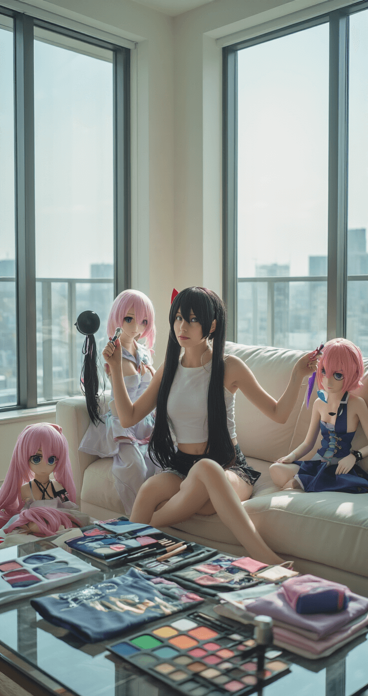 A female model sits on a modern white sofa in a minimalist apartment living room, surrounded by Miku cosplay options and accessories, with soft daylight from large windows illuminating fabric swatches, makeup palettes, and styling tools on a glass coffee table.
