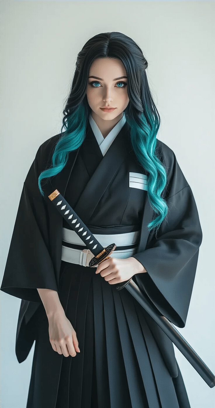 Muichiro Tokito Cosplay: Master the Mist Hashira's Ethereal Look A female cosplayer in a Demon Slayer uniform with a flowing black haori and teal accents poses in a minimalist photography studio, holding a nichirin katana replica. Her turquoise ombre wig and porcelain complexion are highlighted by golden hour lighting streaming through tall windows, casting gentle shadows on the costume.