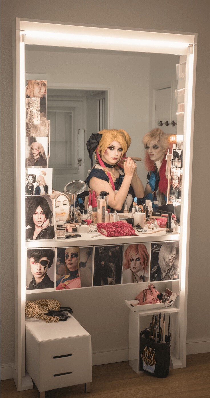 Dress to Impress: Your Ultimate Creating Show-Stopping Cosplay Outfits A cosplayer in a modern apartment is captured in a full-length mirror, mid-transformation as they apply detailed makeup, surrounded by character reference photos. The organized vanity area showcases wigs, accessories, and costume pieces, while soft box lighting provides a flattering glow, documenting the preparation process in high-end photographic quality.