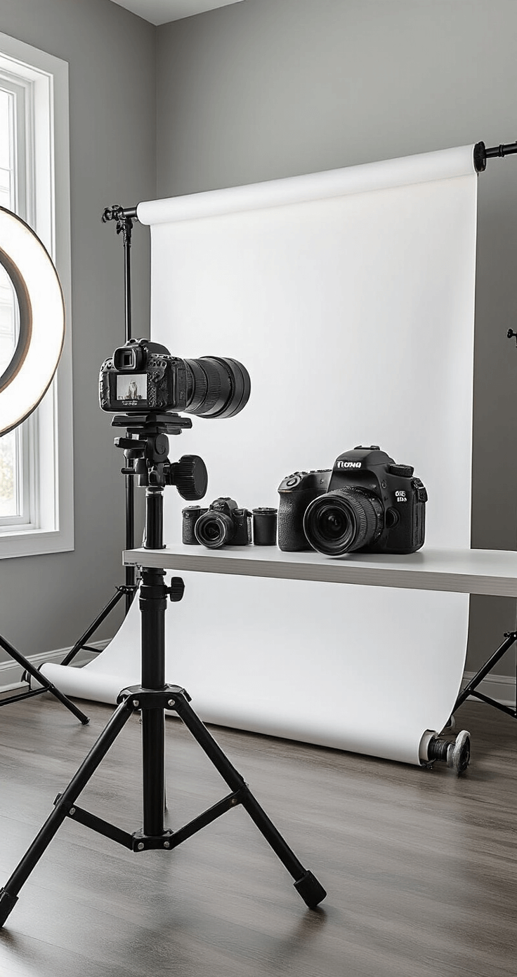 Small Space Cosplay Hacks: Maximizing Creativity in Minimal Rooms A compact photography studio setup featuring a white retractable backdrop, a ring light for illumination, and organized photography gear against neutral gray walls.