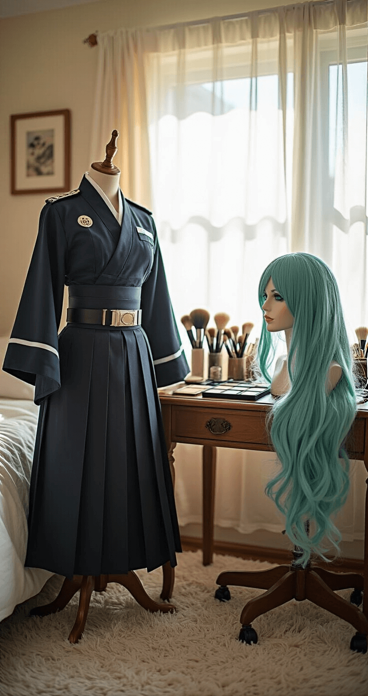 Muichiro Tokito Cosplay: Master the Mist Hashira's Ethereal Look A cozy cosplay preparation space featuring a female cosplayer mid-transformation in a Muichiro costume, with natural sunlight illuminating a vintage wooden mannequin, a makeup station with brushes and green contact lenses, and a turquoise ombre wig on a styling head, surrounded by soft textures like plush carpet and silk fabrics.