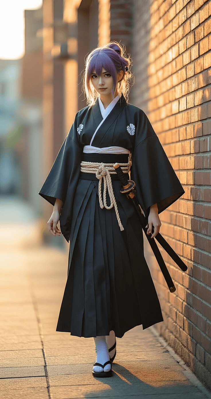 Muichiro Tokito Cosplay: Master the Mist Hashira's Ethereal Look A female cosplayer in detailed Muichiro attire poses gracefully on an urban street corner at golden hour, showcasing flowing haori sleeves, textured layered fabrics, and an ombre wig, while holding a nichirin sword against a backdrop of weathered brick and modern elements.
