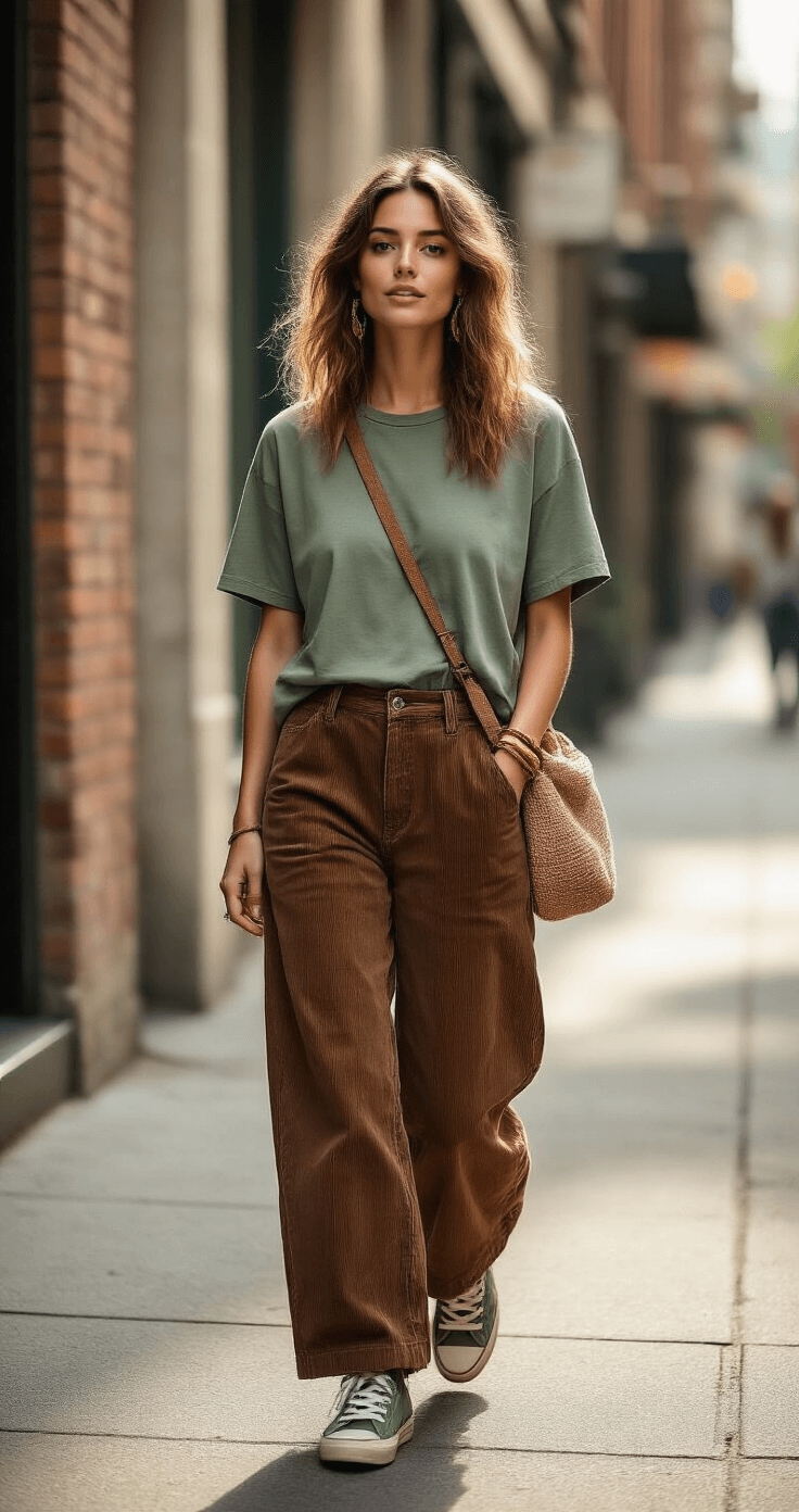 A woman in relaxed bohemian-chic attire walks along a trendy city sidewalk during soft morning light, wearing an oversized sage green t-shirt and high-waisted brown corduroy wide-leg pants. She has tousled hair and a carefree expression, accessorized with a crossbody hemp bag and layered wooden jewelry, with brick walls and cafe storefronts softly blurred in the background.