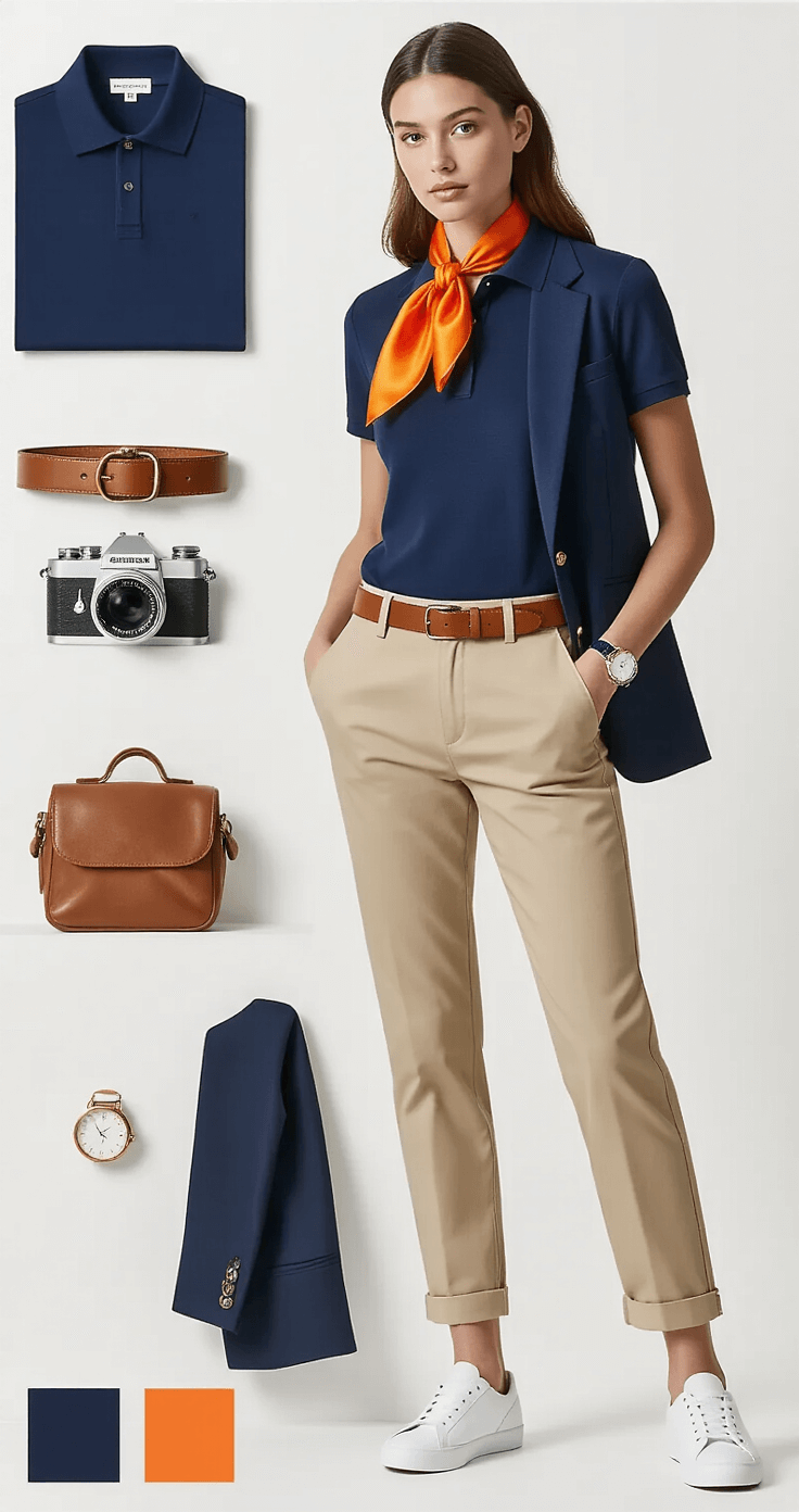 Woman in preppy-chic styling wearing a navy blue polo, khaki chinos, and an orange silk scarf, posed against a white backdrop with professional lighting. She has a navy blazer draped over her shoulders and white leather sneakers, surrounded by styling props like a leather watch and a vintage camera. The scene embodies modern American preppy fashion with a classic nautical color palette.