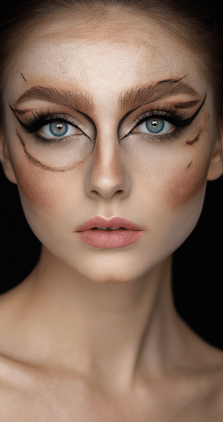 Dress to Impress: Your Ultimate Creating Show-Stopping Cosplay Outfits Close-up beauty portrait featuring intricate character makeup with detailed contouring, false lashes, colored contacts, and prosthetic elements against a clean black background, highlighting the sharp textures and dimensions of the special effects makeup.