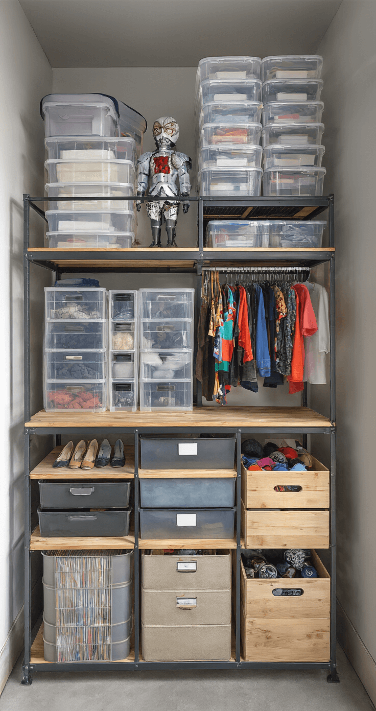 Small Space Cosplay Hacks: Maximizing Creativity in Minimal Rooms Bird's eye view of a 10x10ft storage space featuring a modular system with clear, custom-labeled bins stacked to the ceiling, showcasing costume pieces inside. The industrial metal shelving has wooden accents, with a cool-toned color scheme complemented by organized pops of color, illuminated by afternoon light.