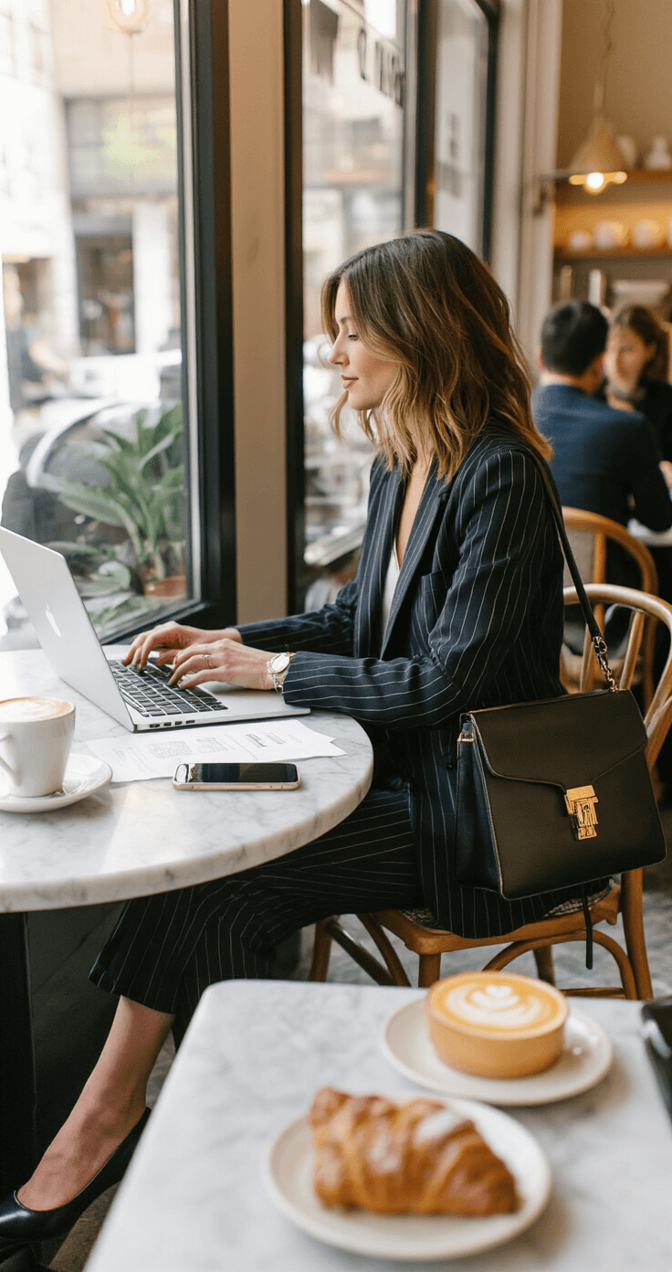 The Ultimate Guide to Nailing Your Gojo Cosplay: Tips from a Fellow Fan A fashion editor in a pinstripe blazer takes a break at a marble bistro table in a bustling cafe, reviewing documents with her designer laptop bag and phone nearby. Latte art and a pastry add lifestyle elements, with other customers blurred in the background.