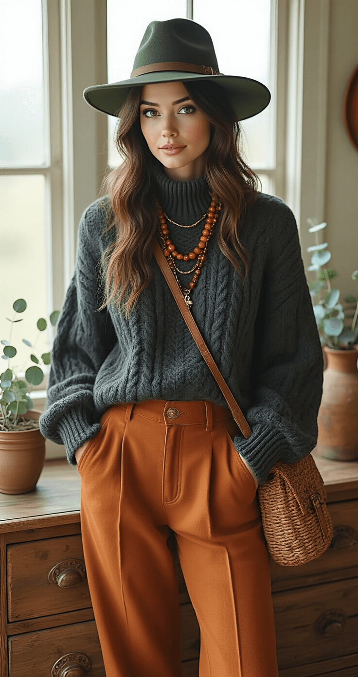 A stylish woman arranging a witch aesthetic outfit on a rustic dresser, featuring a charcoal sweater, forest green hat, burnt orange trousers, amber jewelry, and leather boots, in a warmly lit studio apartment with an autumn color palette.
