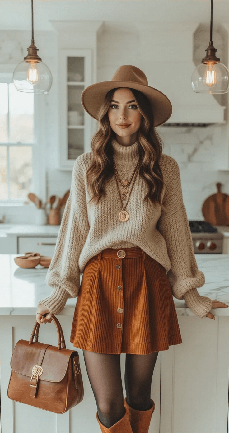 A flat lay of a cozy witch ensemble on a marble countertop, featuring a camel wool sweater, rust orange corduroy skirt, chunky knit tights, and chocolate brown suede ankle boots, complemented by a felt hat, layered brass and copper necklaces, and a vintage leather satchel, all arranged in a modern kitchen with bright pendant lighting.