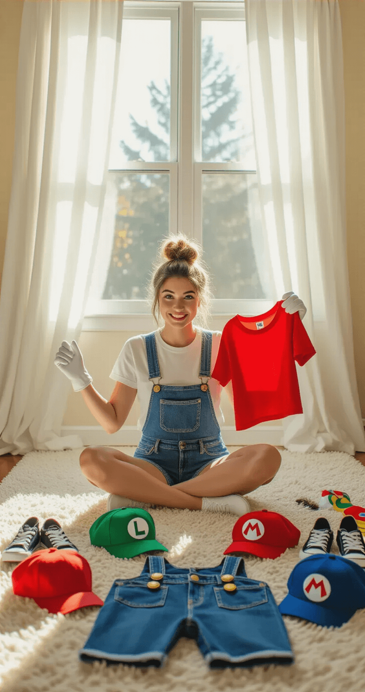 A bright, sunlit bedroom with natural light, featuring a young woman in a white t-shirt and denim shorts, sitting cross-legged on a cream carpet surrounded by Mario and Luigi costume pieces, including overalls, gloves, and baseball caps, in a playful, organized flat-lay arrangement.