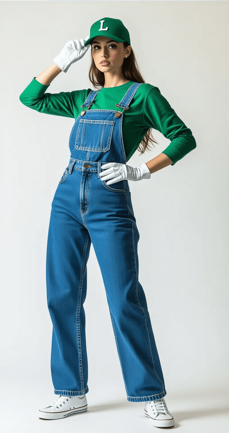 A confident woman in her late twenties poses in a minimalist white studio, wearing high-waisted blue denim overalls over a vibrant emerald green shirt, white leather gloves, and a matching green baseball cap with an 'L' emblem. She stands dynamically with one hand on her hip and the other adjusting her cap, complemented by clean white canvas sneakers against a seamless backdrop. Bright, even lighting highlights the textures of her outfit and the bold color palette.