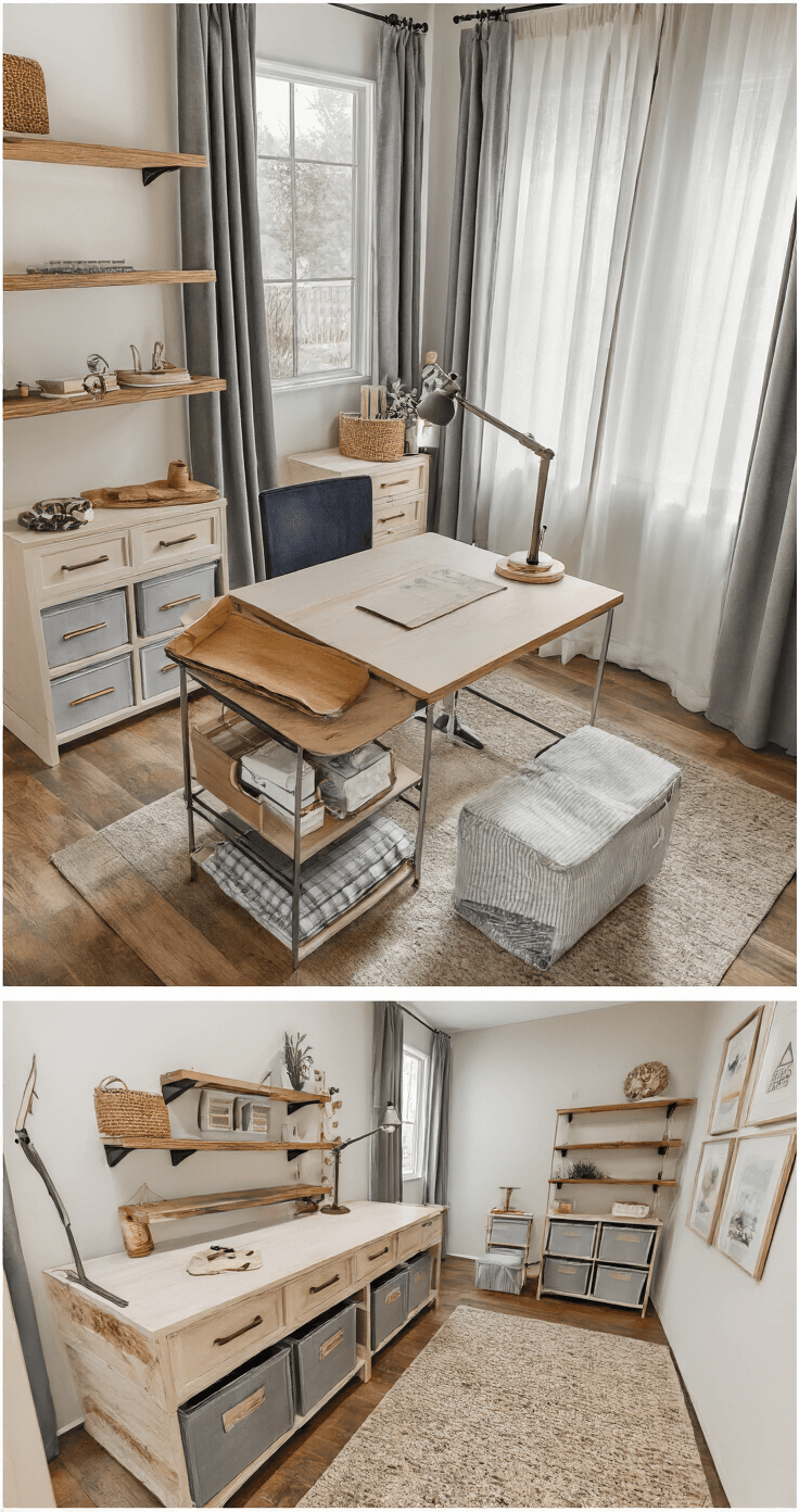 Small Space Cosplay Hacks: Maximizing Creativity in Minimal Rooms A modern multi-purpose room featuring a convertible craft table, photography station, floating shelves with project displays, and a hidden storage ottoman, all illuminated by early morning light streaming through sheer curtains, blending warm wood tones with cool metallic storage.