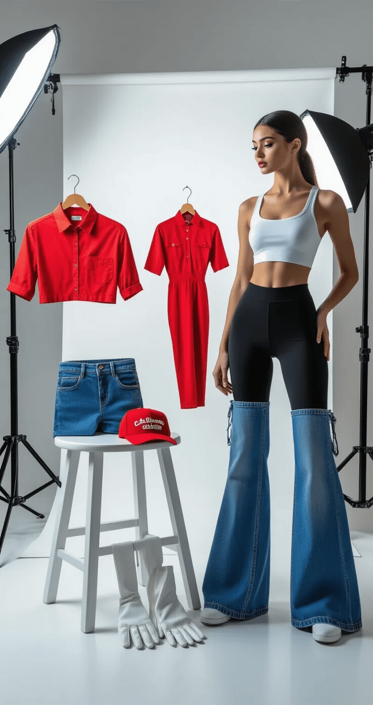 A fashion-forward photography studio corner featuring a model in black leggings and a white crop top beside a stool displaying a red shirt, blue denim overalls, white leather gloves, and a red embroidered cap, all under bright softbox lighting against a white backdrop.