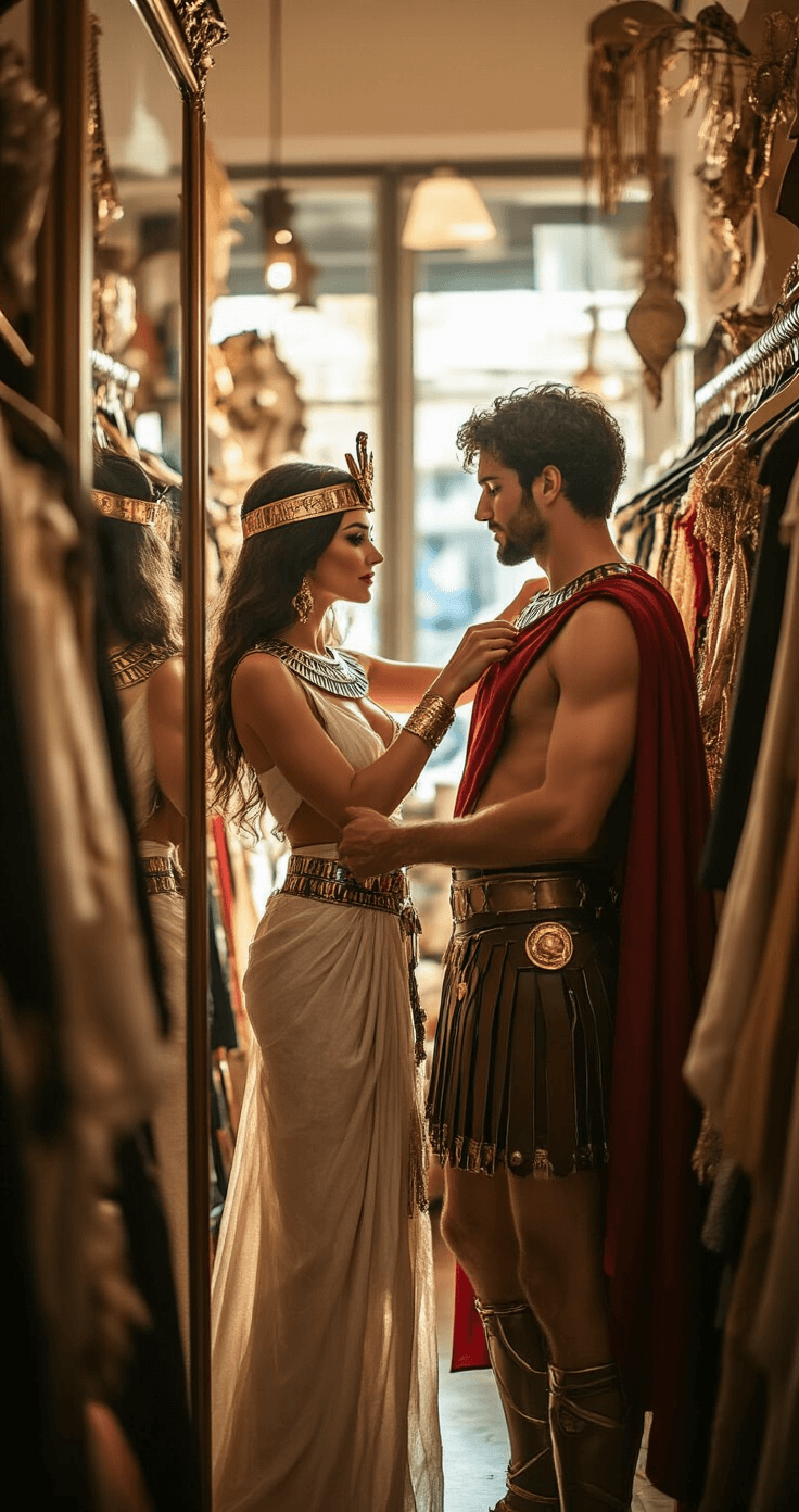 Couples Costumes: Your Ultimate Guide to Coordinated Halloween Magic A stylish couple tries on Halloween costumes in a boutique dressing room, with warm golden hour light illuminating their glamorous outfits as the woman adjusts a Cleopatra headpiece and the man wears a Roman toga, surrounded by luxurious fabrics and accessories.