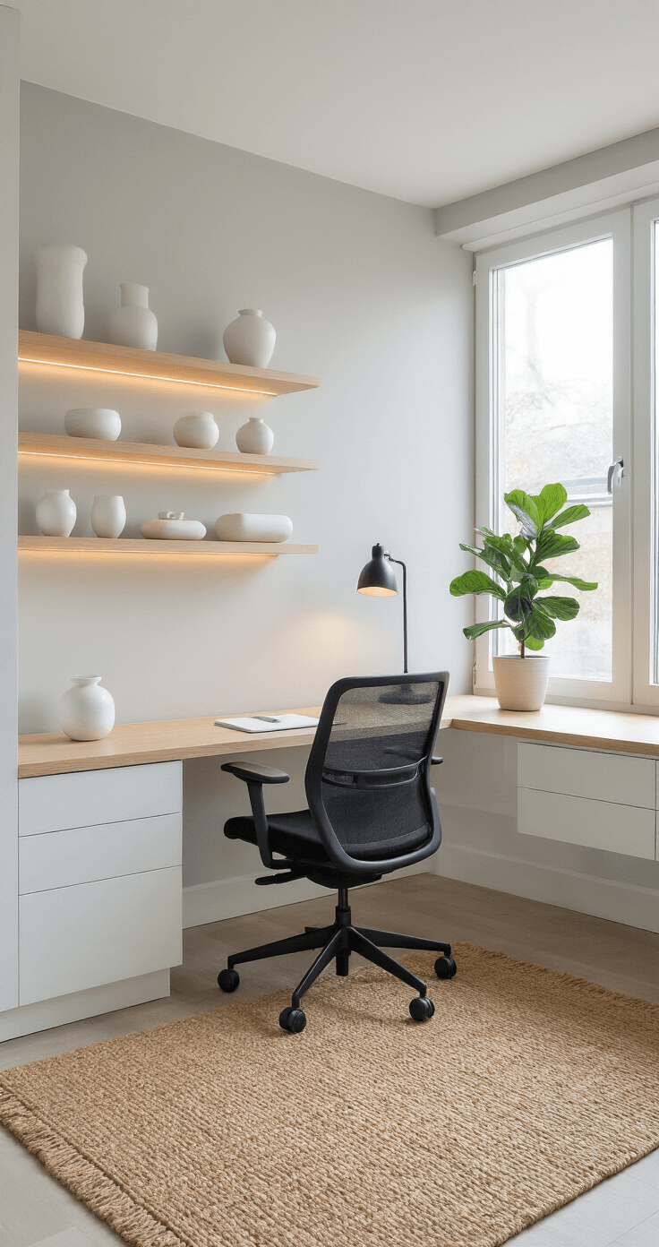 Creative Desk Setup Ideas: Transform Your Workspace into a Productivity Paradise A serene home office with a white oak desk and black ergonomic chair, illuminated by morning light through large windows, featuring minimalist decor, a jute rug, and a fiddle leaf fig plant.