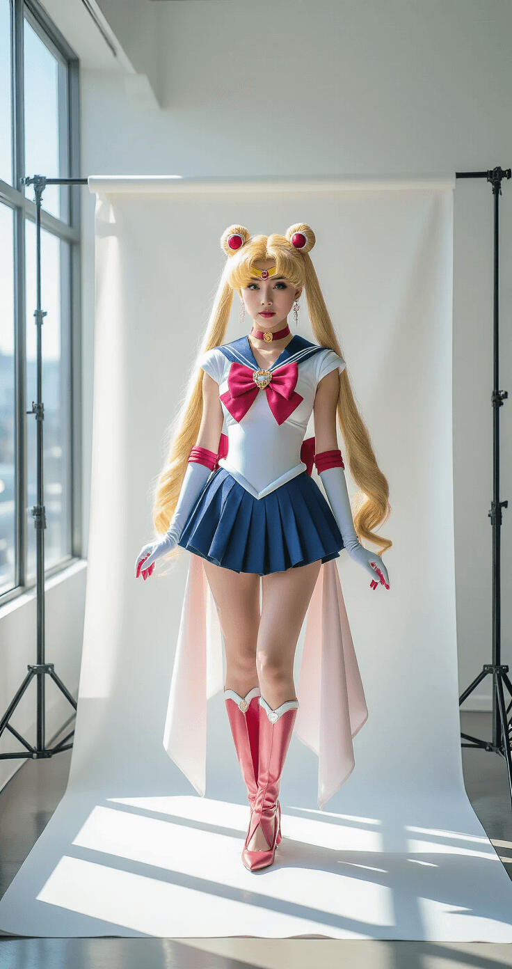 10 Must-Know Style Tips for Standout Cosplay Fashion A female cosplayer poses in a bright photography studio, wearing a detailed Sailor Moon costume with a blonde wig in odango buns, set against a minimalist white backdrop. The scene is illuminated by natural light from floor-to-ceiling windows, showcasing rose gold accessories, contemporary makeup, and premium costume materials, while soft backlighting adds a magical glow.