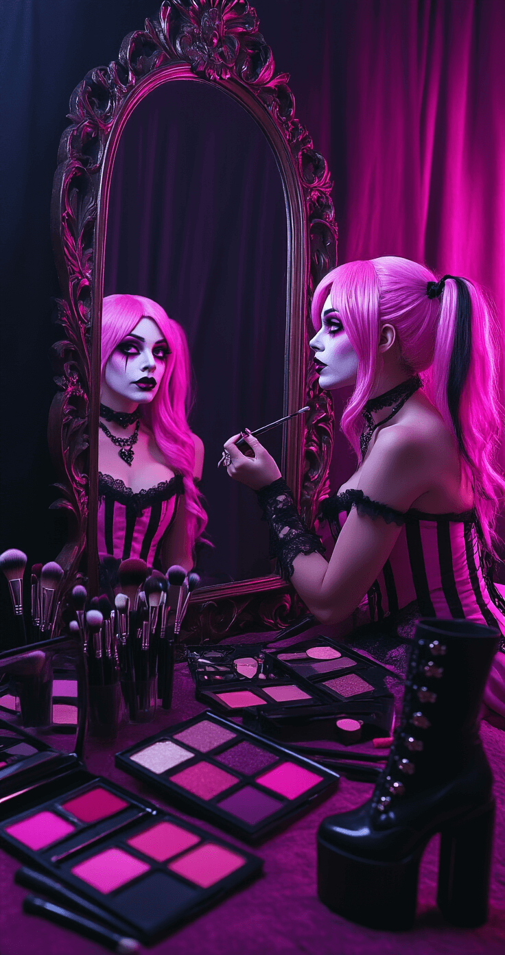 Monster High Cosplay: Create Scary-Cute Character Looks That Slay A dimly lit gothic bedroom features a cosplayer applying Draculaura-inspired makeup in an ornate vintage mirror, dressed in a pink and black striped corset. Scattered makeup brushes, a pink wig with black streaks in pigtails, and vampire-themed accessories can be seen. Platform boots with heart details are visible in the foreground, captured in a 45-degree angle for detailed reflection.