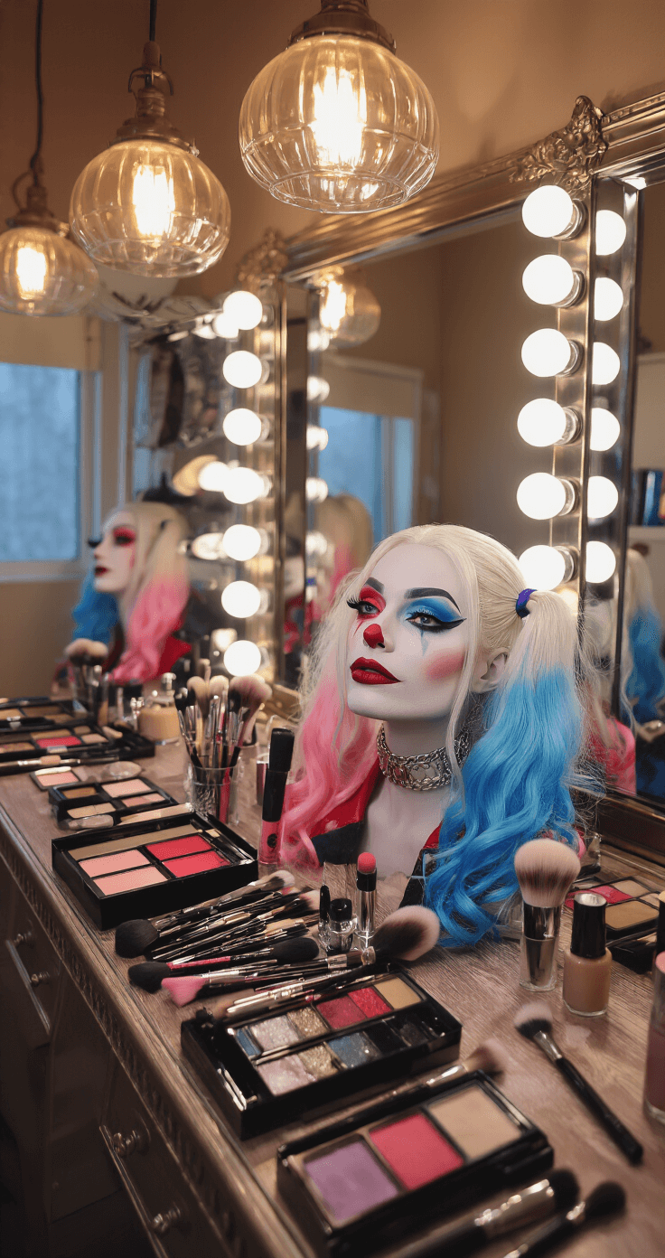 10 Must-Know Style Tips for Standout Cosplay Fashion Chic dressing room interior featuring vintage vanity mirrors and warm pendant lighting, showcasing a close-up of a Harley Quinn-inspired makeup application with gradient red and blue eyeshadow, metallic highlighter, and professional face paint. The mirror reflects high-end makeup brushes, premium cosmetics, and a styled platinum blonde wig with pink and blue tips.