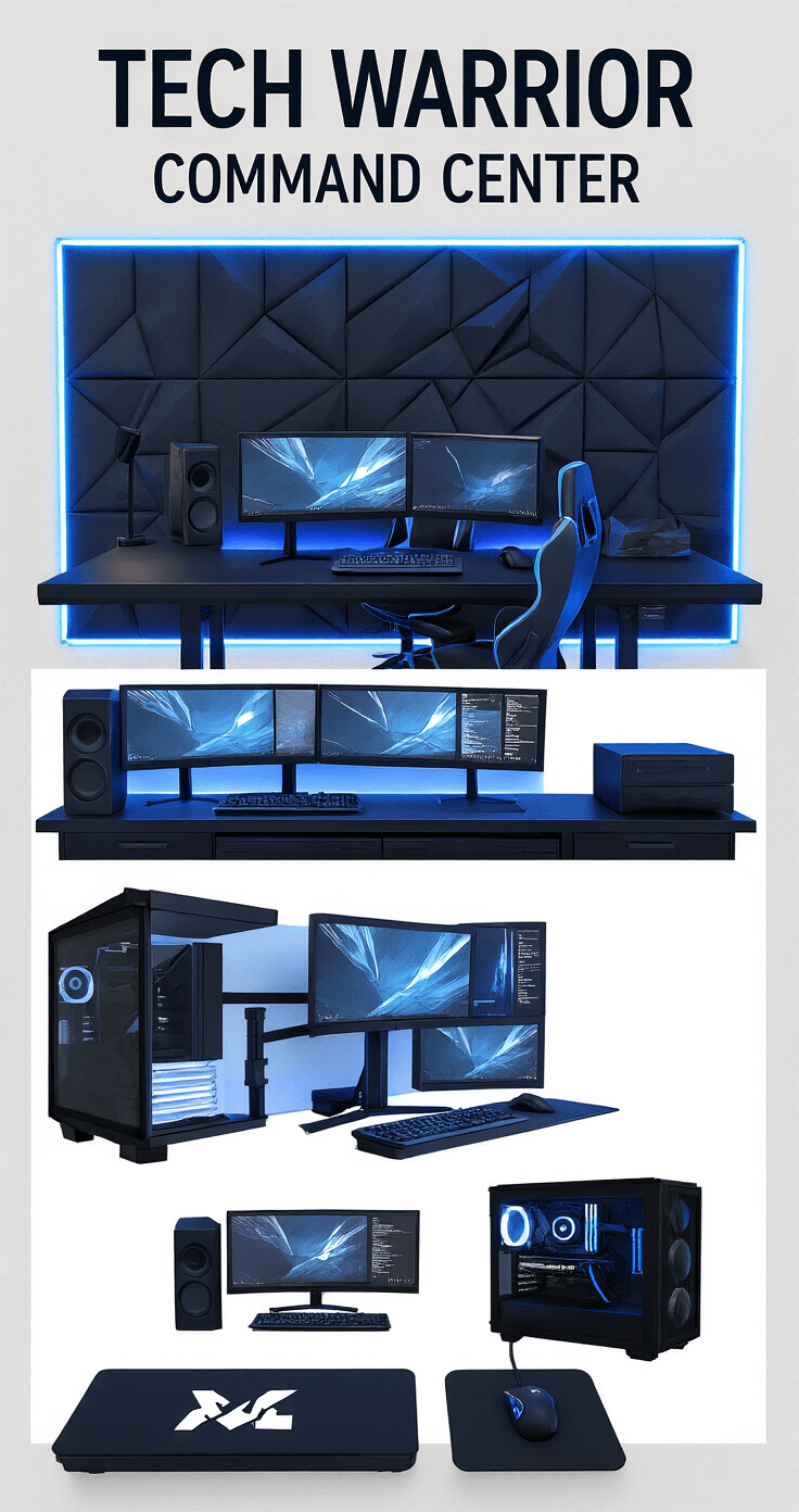 Creative Desk Setup Ideas: Transform Your Workspace into a Productivity Paradise A modern tech warrior command center featuring a spacious corner office with dark charcoal walls, illuminated by blue LED strips. The room includes a large matte black L-shaped standing desk with a triple monitor setup and sleek mounting arms, complemented by a black and neon gaming chair. Geometric acoustic panels add style, while sophisticated cable management keeps the space tidy. The elevated angle captures the high-energy, future-forward atmosphere enhanced by multiple light sources.