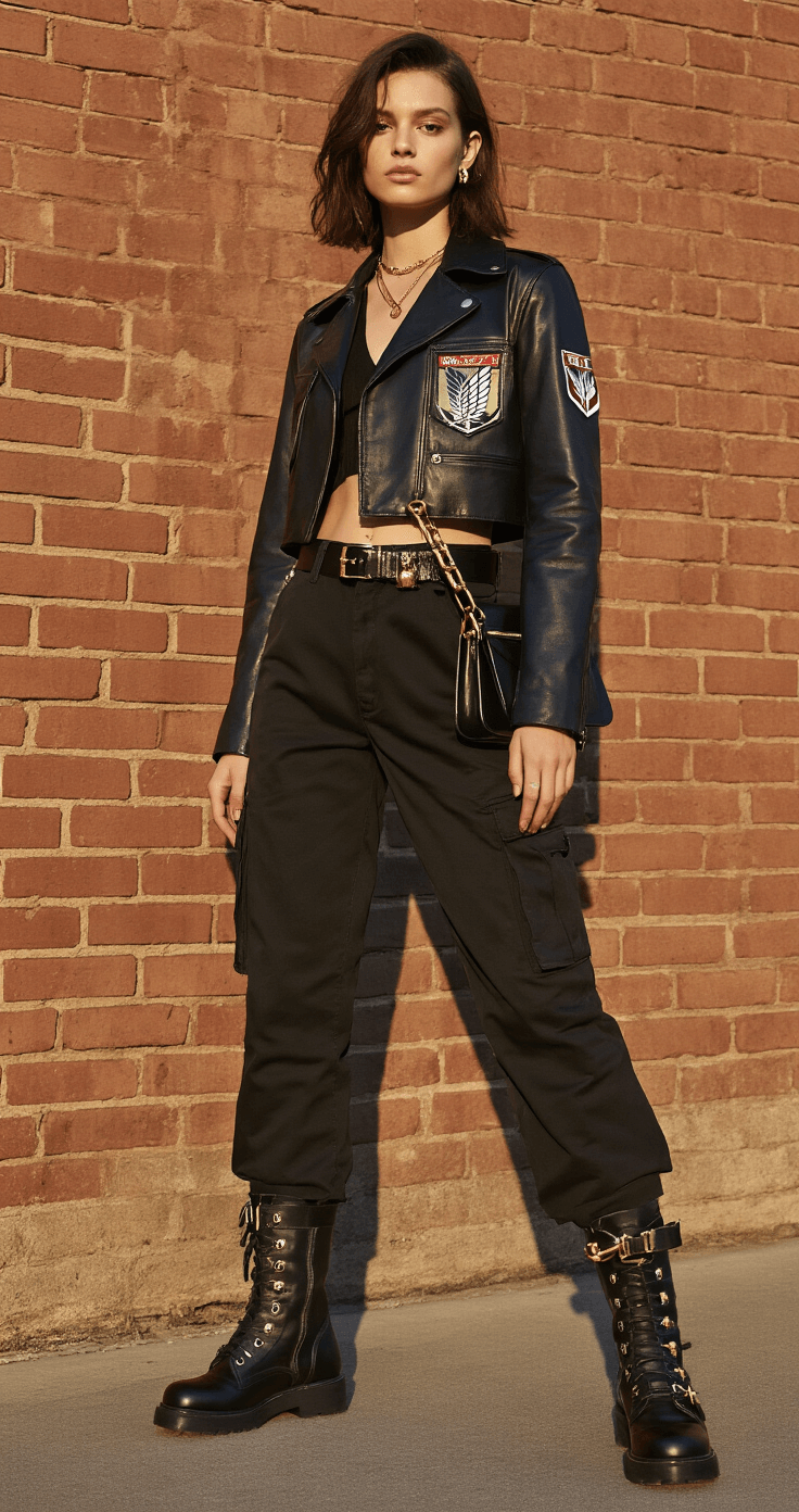 10 Must-Know Style Tips for Standout Cosplay Fashion A model poses against an urban brick wall during golden hour, wearing a cropped leather jacket with military patches, high-waisted black cargo pants, and combat boots with metallic accents, complemented by a designer cross-body bag and minimalist gold jewelry, with sunset lighting enhancing the textures and shadows.