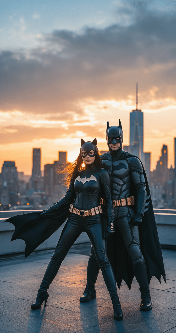Couples Costumes: Your Ultimate Guide to Coordinated Halloween Magic A couple in Batman and Catwoman costumes poses dynamically on a rooftop at sunset, with a city skyline in the background, showcasing dramatic lighting on their sleek outfits and flowing capes.