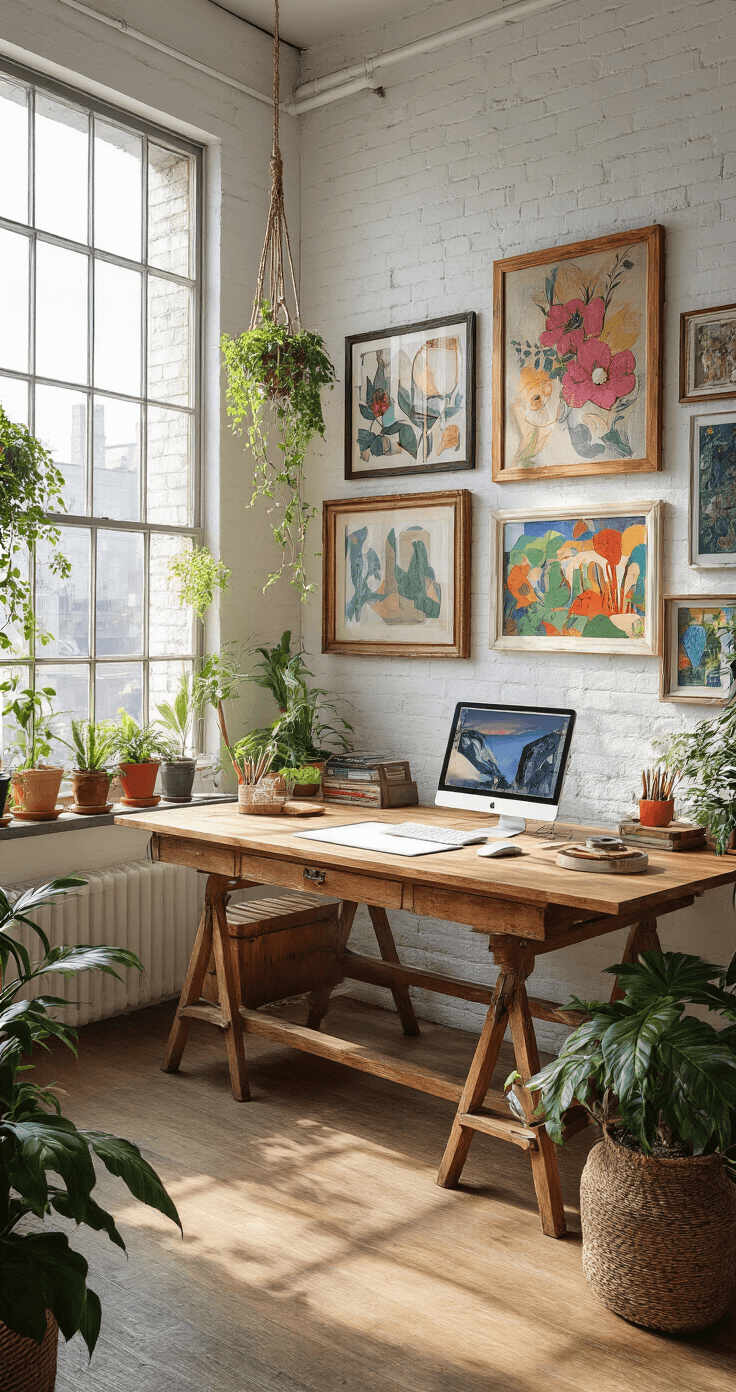 Creative Desk Setup Ideas: Transform Your Workspace into a Productivity Paradise Bright and inspiring 14x16ft artist studio with vintage drafting table, large industrial windows, eclectic art collection on a white exposed brick wall, jewel-toned desk accessories, and trailing plants in macramé hangers, all bathed in afternoon sunlight.