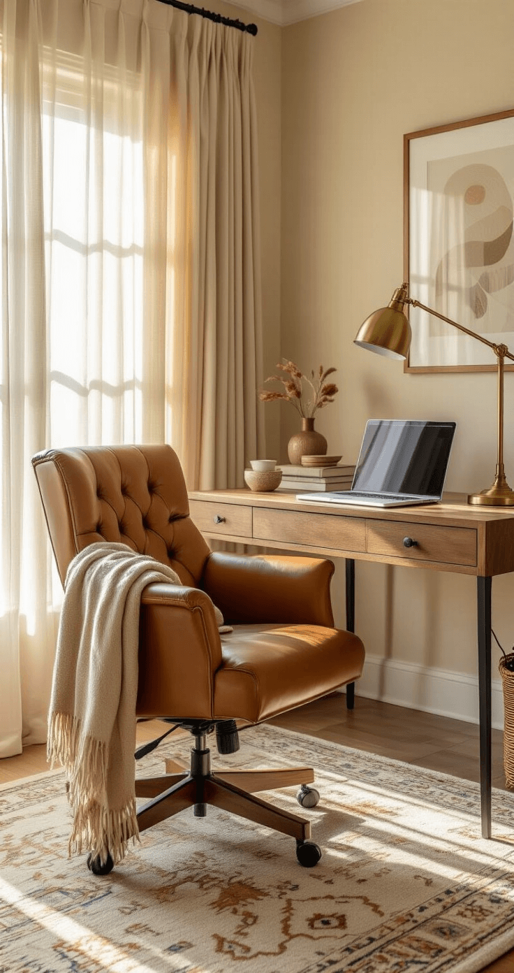 Creative Desk Setup Ideas: Transform Your Workspace into a Productivity Paradise Cozy home office featuring warm cream walls, a caramel leather executive chair, solid wood desk with live edge, and vintage brass lamp, illuminated by golden hour light.