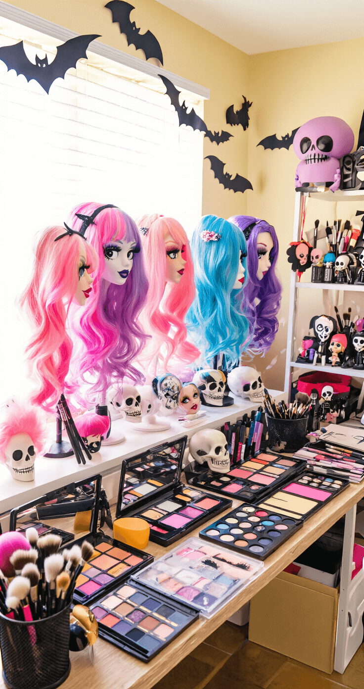 Monster High Cosplay: Create Scary-Cute Character Looks That Slay Golden hour sunlight illuminates a Halloween-themed cosplay workspace, showcasing multiple Monster High wigs in vibrant character colors. Organized makeup palettes and spooky-cute decor, including skull-shaped brush holders and bat garlands, enhance the festive atmosphere.