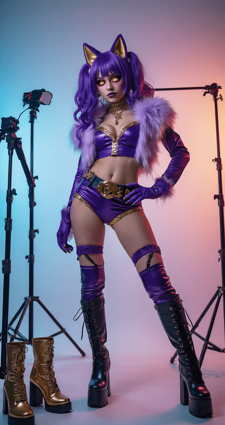 Monster High Cosplay: Create Scary-Cute Character Looks That Slay A full-length shot of a cosplayer dressed as Clawdeen Wolf, showcasing a purple-gold wig, faux fur accents, and striking golden eyes, taken in a moody studio setting with strategic LED lighting. The scene includes professional photography equipment in the background, platform boots, and designer-inspired accessories arranged nearby, captured from a slight low angle to highlight a powerful pose.