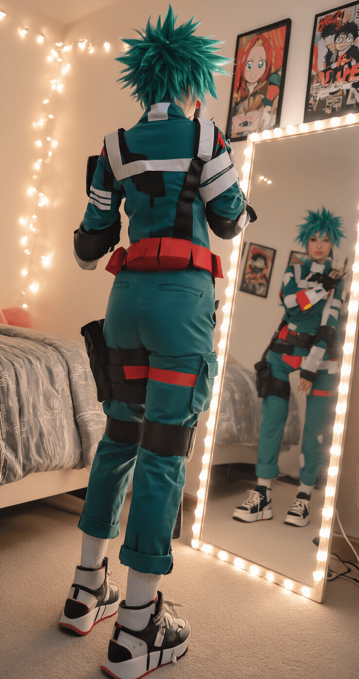 10 Must-Know Style Tips for Standout Cosplay Fashion A cosplayer in a trendy My Hero Academia inspired outfit checks their reflection in a full-length mirror in a modern bedroom adorned with string lights and poster-decorated walls, surrounded by warm ambient lighting.