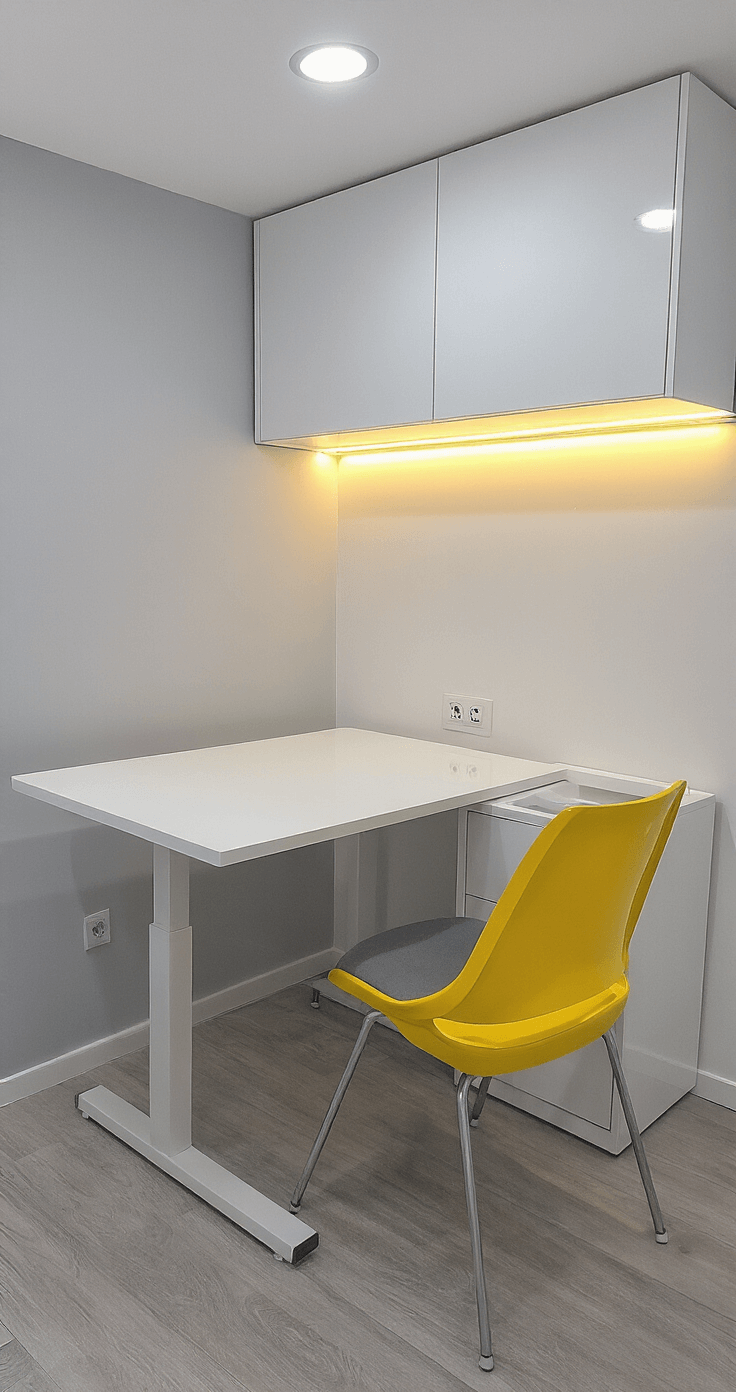 Creative Desk Setup Ideas: Transform Your Workspace into a Productivity Paradise A modern urban 8x10ft workspace featuring a glossy white wall-mounted floating desk, a sleek foldable chair, and modular floor-to-ceiling storage in a monochromatic gray and white palette with yellow accents. Hidden LED strips and strategic accent lighting enhance the clean, uncluttered atmosphere, with natural light flooding in.