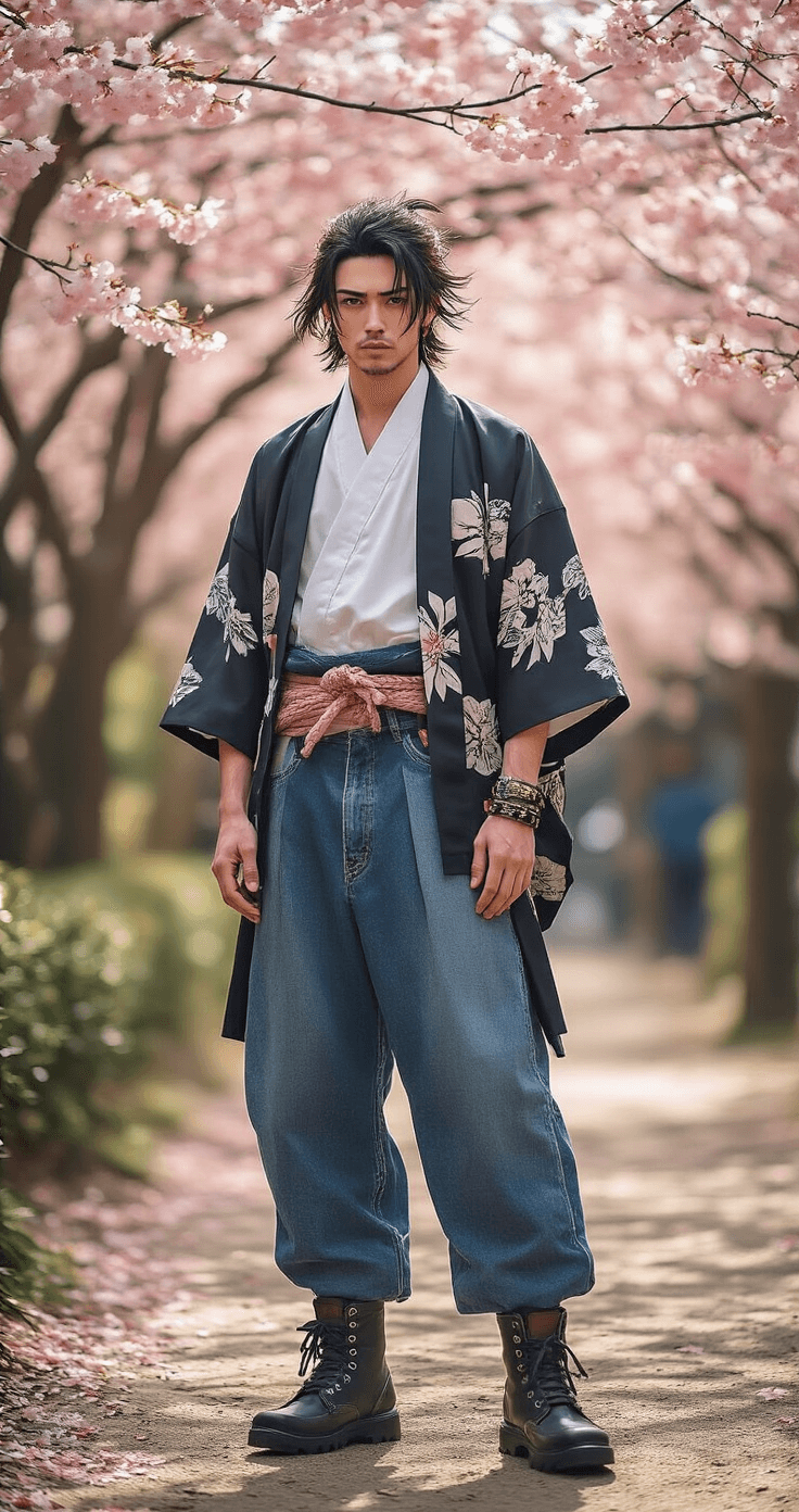 10 Must-Know Style Tips for Standout Cosplay Fashion Fashion editorial featuring a Demon Slayer inspired outfit in an outdoor park during late afternoon, with cherry blossoms in the background. The modernized haori jacket made of premium fabric is styled with high-end denim and a vintage-style obi belt, complemented by combat boots. Natural light filters through the trees, casting dynamic patterns on the scene.
