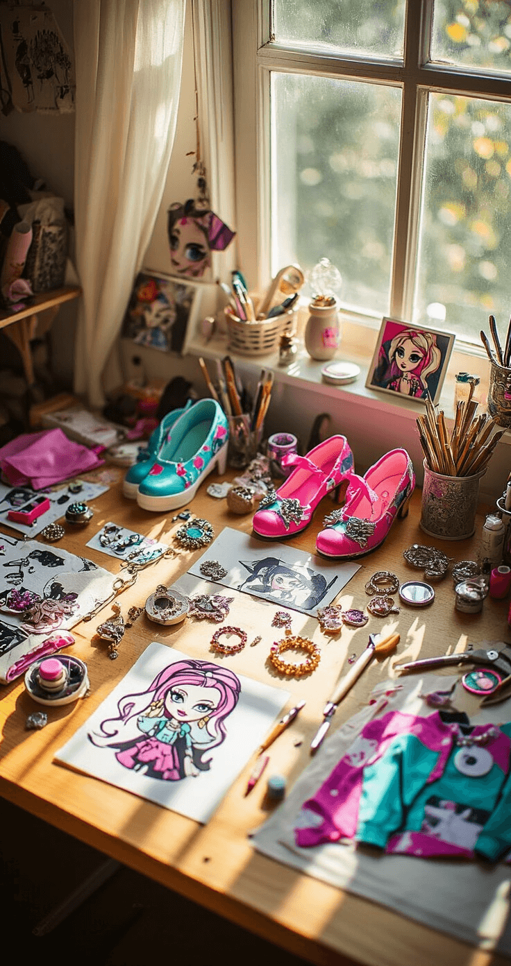 Monster High Cosplay: Create Scary-Cute Character Looks That Slay Flatlay of a craft room workspace illuminated by bright afternoon light, featuring DIY Monster High accessories such as handmade jewelry, painted shoes, and customized clothing. Surrounding the main pieces are tools, fabric scraps, and reference photos on a large work table, with natural window lighting creating subtle shadows.