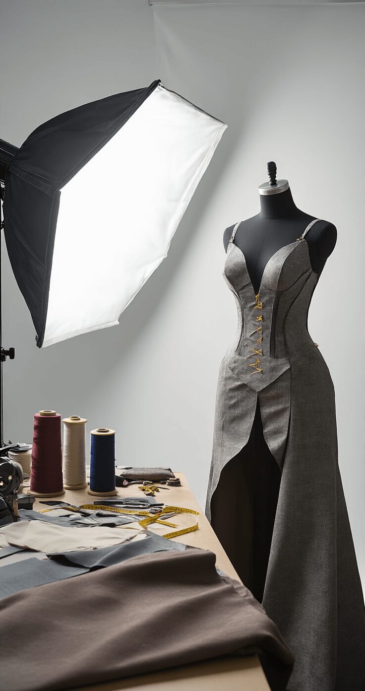 10 Must-Know Style Tips for Standout Cosplay Fashion Behind-the-scenes view of a professional photography studio with softboxes, showcasing a dress form displaying a half-completed costume surrounded by high-end fabric swatches, thread spools, and precise pattern pieces, emphasizing quality materials and sewing techniques, with measuring tape and premium tools arranged artfully.