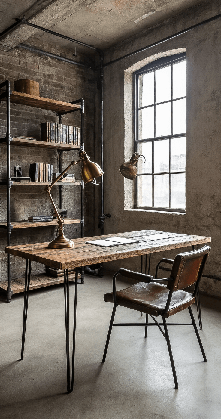Creative Desk Setup Ideas: Transform Your Workspace into a Productivity Paradise Industrial chic studio featuring a raw loft space with an exposed concrete ceiling, a reclaimed wood desk on black metal hairpin legs, a vintage task lamp, and a distressed metal and leather chair. Open pipe shelving displays books and objects, with afternoon light casting dramatic shadows through factory windows. The shot is taken from a corner to highlight the height and industrial elements of the space.