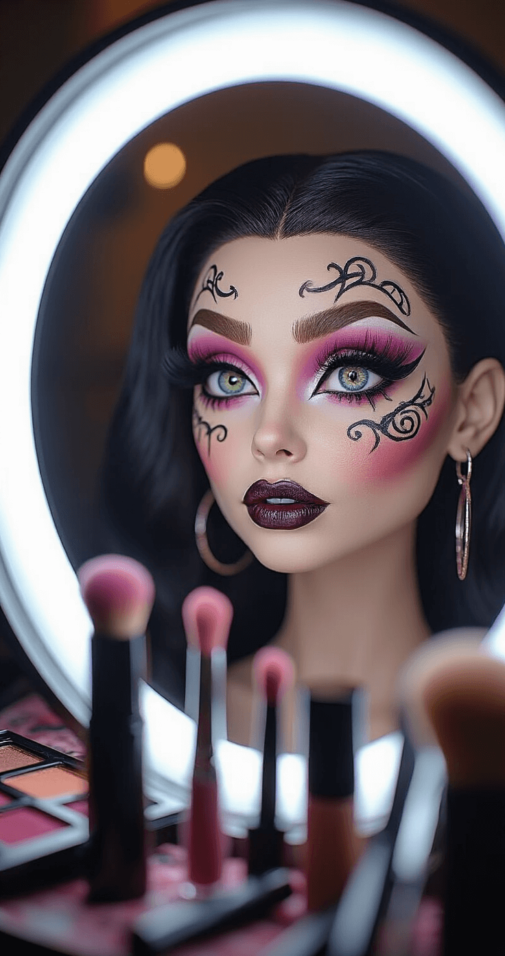 Monster High Cosplay: Create Scary-Cute Character Looks That Slay Close-up of a contemporary vanity setup featuring a character-specific Monster High makeup application, highlighting intricate face paint patterns, dramatic false lashes, and detailed skin tones, with professional makeup products and tools artfully arranged, illuminated by a ring light.