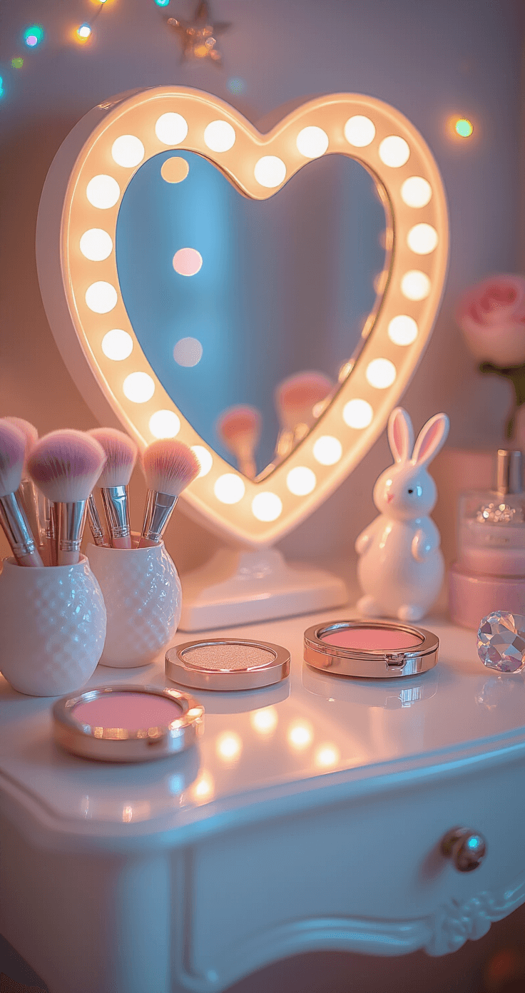 Kawaii Room Decor: Create Your Pastel Paradise of Cuteness and Comfort Detail shot of a pearl white vintage vanity with a heart-shaped mirror surrounded by warm LED lights, showcasing pastel makeup brushes in bunny holders, kawaii compact mirrors, and skincare packaging. Crystal prisms create rainbow effects, with a soft focus background of twinkle lights, conveying a dreamy, feminine mood.