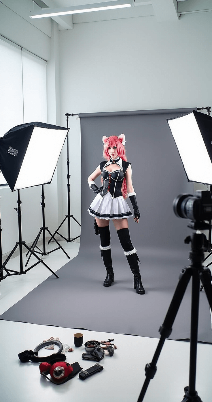 Level Up Your Cosplay Game: A Complete Guide to Dressing to Impress A modern studio setup for a dramatic evening photoshoot featuring a cosplayer in full character against a grey backdrop, illuminated by multiple softboxes and a ring light, with a professional camera on a tripod and various props in the foreground.